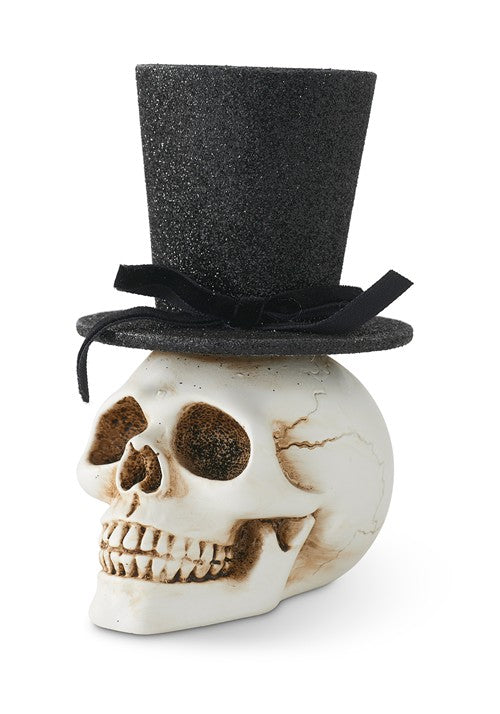 5-Inch Resin Skull with Glittery Black Top Hat Decoration - US 9028