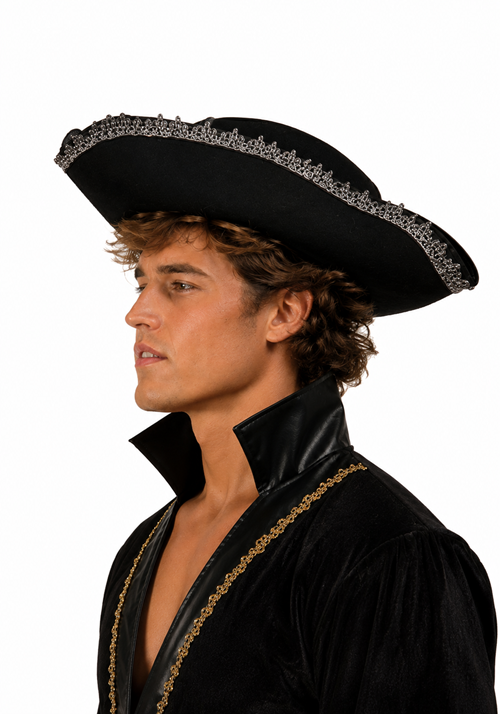 Adult Black Velvet Tricorn Pirate Costume Hat - US 8808