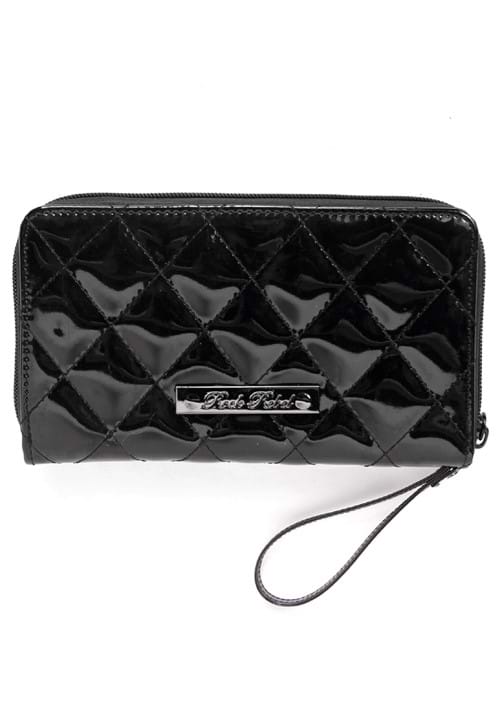 Bat Studded Quilted Faux Patent Zip-Around Black Wallet - US 6023