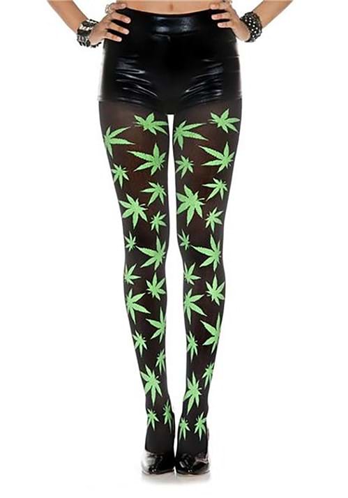 Women's Leaf Print Green Opaque Tights - US 5373