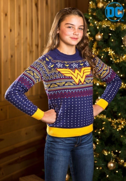Kids Wonder Woman Navy Ugly Christmas Sweater - US 6465