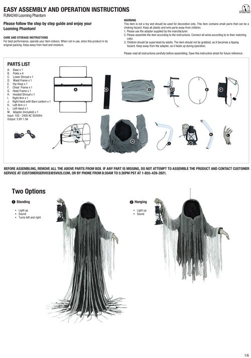 6FT Looming Phantom Animated Halloween Decoration - US 1783