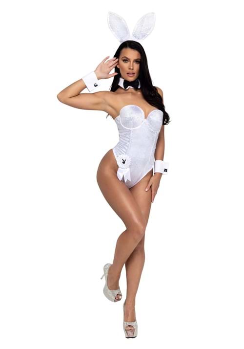 Playboy Women's White and Silver Rhinestone Bunny Costume - US 9003