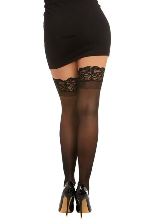Women's Black Anti-Slip Thigh High Stockings with Lace Top - US 0655