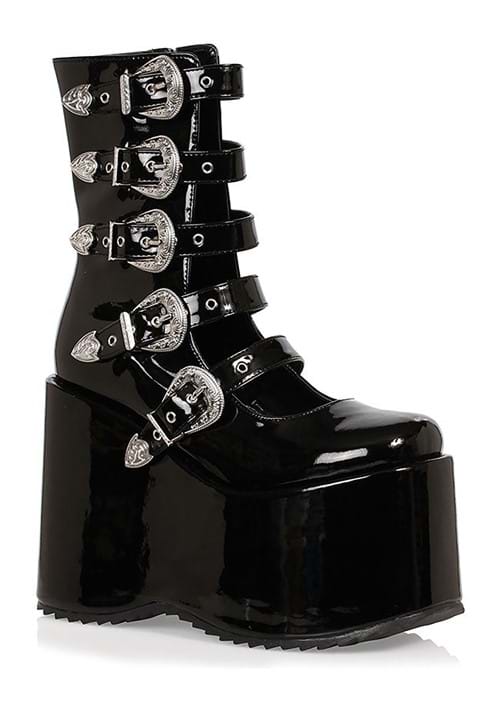 Black Platform Buckle Strap Boots for Women - US 3510