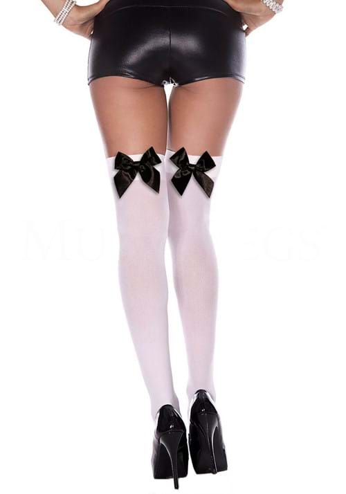Opaque White Thigh High with Black Satin Bow for Women - US 6428