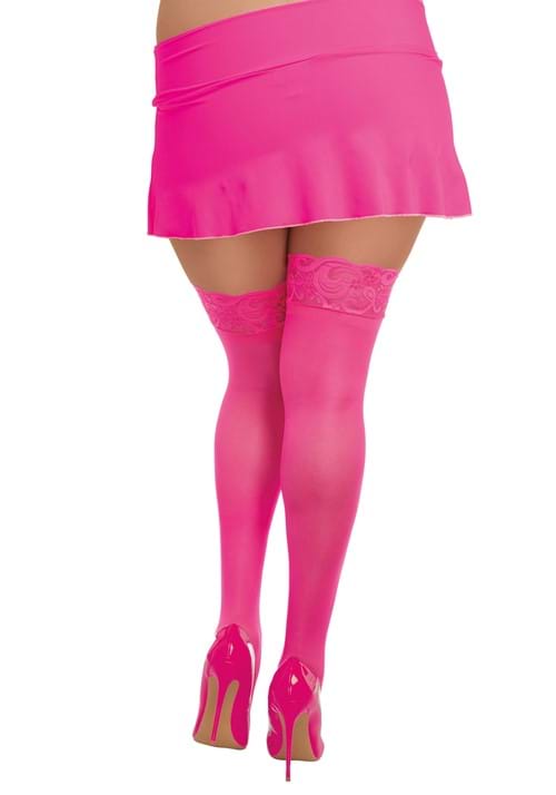 Plus Size Neon Pink Anti-Slip Thigh High Stockings with Lace Top for Women - US 5493