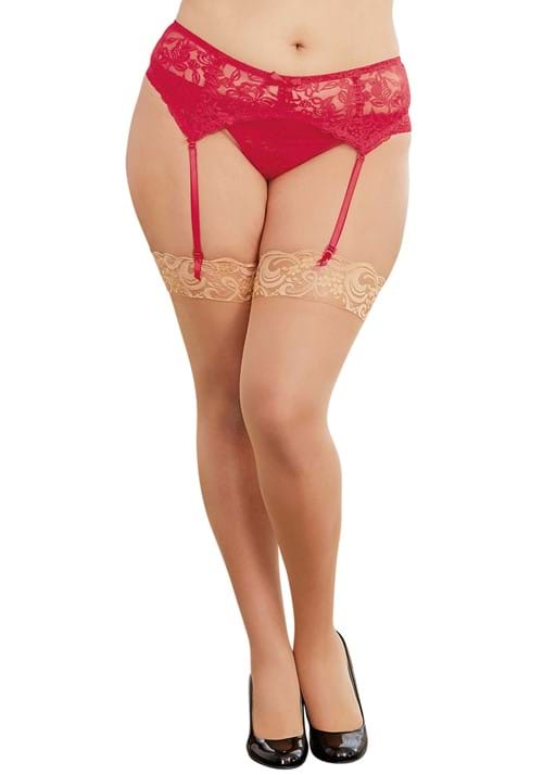 Plus Size Red Stretch Lace Garter Belt with Scalloped Lace Hem for Women - US 6794