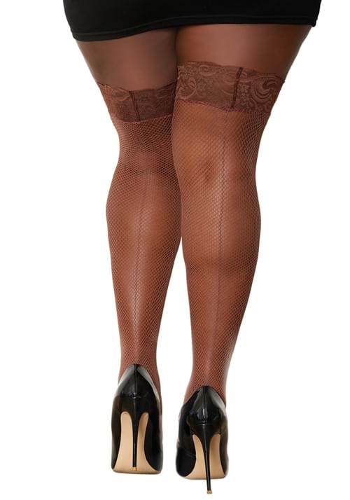 Women's Plus Size Espresso Fishnet Thigh High Stockings - US 4224
