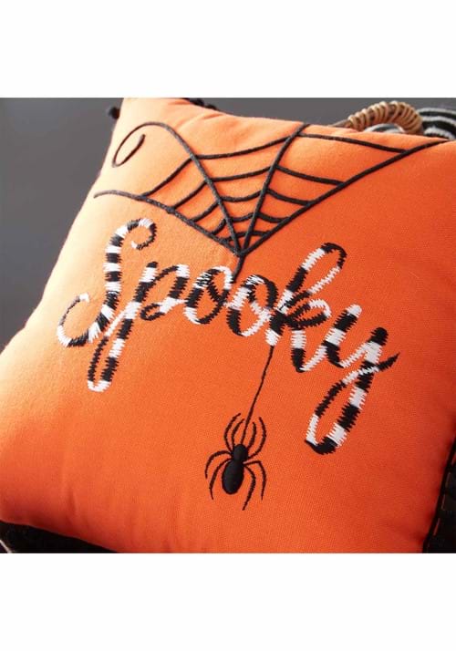 12-Inch Orange Halloween Pillow with Black and White Embroidery Decoration - US 7909