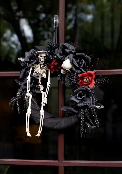18" Black Halloween Wreath with Skeleton & Flowers Decoration - US 4756