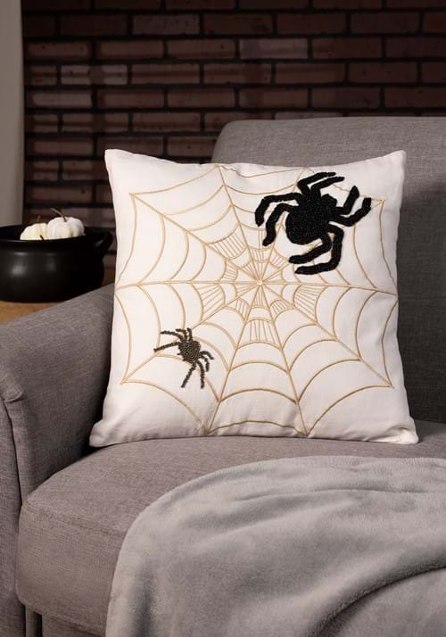 18-Inch Embroidered Spiders & Web Decorative Halloween Pillow - US 2703