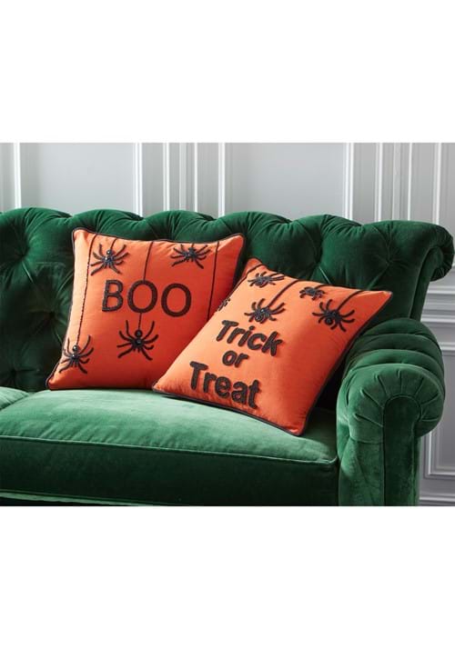 18-Inch Orange Square Beaded BOO Spiders Decorative Pillow - US 2535