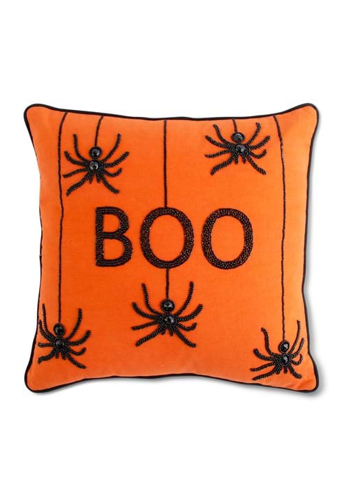 18-Inch Orange Square Beaded BOO Spiders Decorative Pillow - US 2535