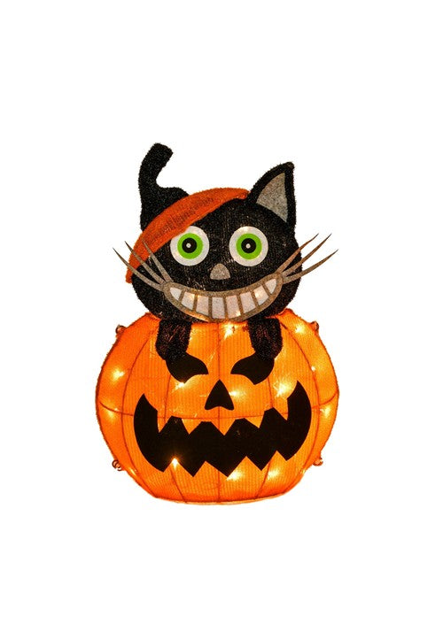 23-Inch 3D Light Up Black Cat on Pumpkin Decoration - US 7907