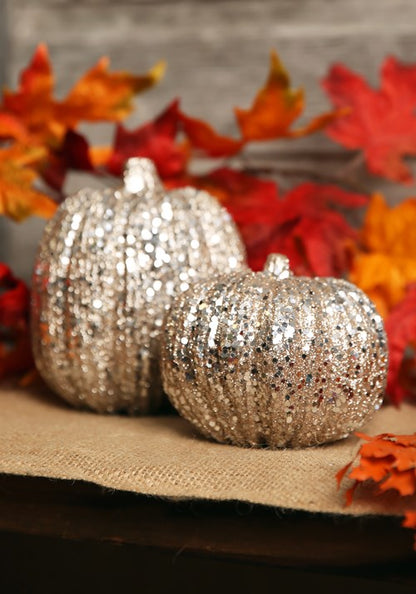 4.5-Inch Short Champagne Glitter Pumpkin Halloween Decoration - US 1529
