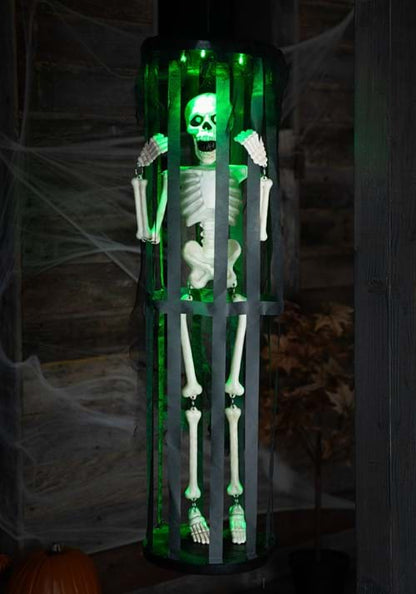 40" Activated LED & Sound Shaking Skeleton in Cage Halloween Decoration - US 8952
