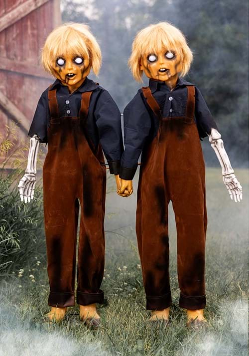4FT Creepy Twin Boys Animatronic Halloween Decoration - US 8633