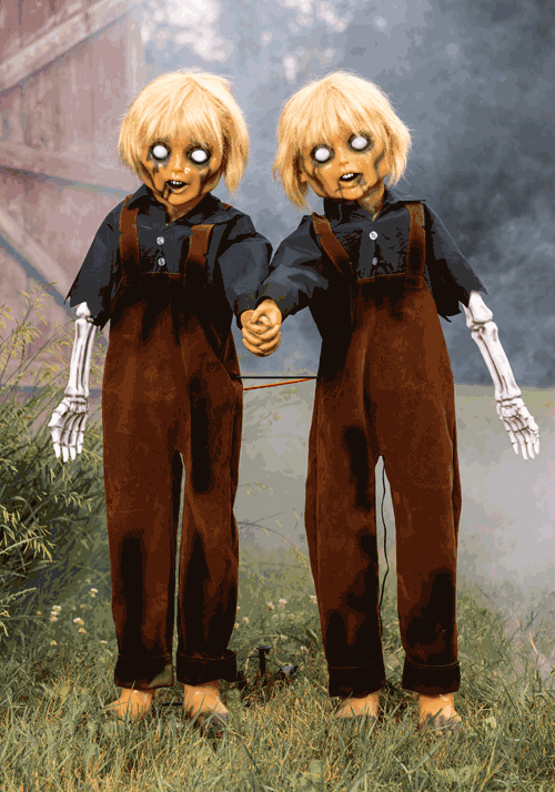 4FT Creepy Twin Boys Animatronic Halloween Decoration - US 8633