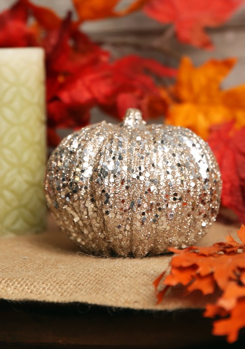 4.5-Inch Short Champagne Glitter Pumpkin Halloween Decoration - US 1529
