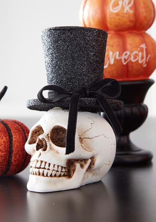 5-Inch Resin Skull with Glittery Black Top Hat Decoration - US 9028