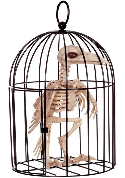 9.5-Inch Halloween Skeleton Raven in Cage Decoration - US 7423