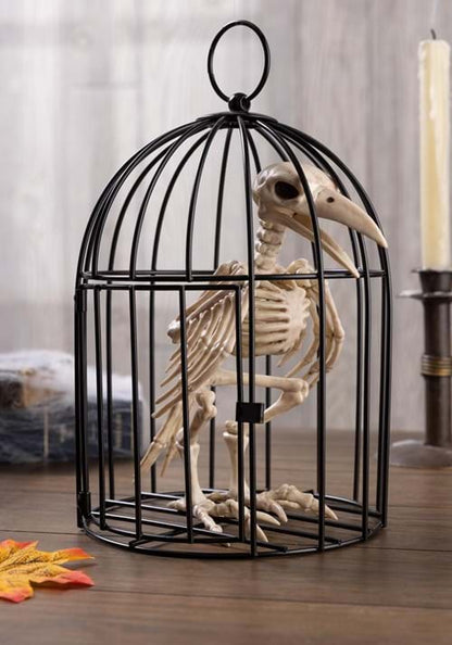 9.5-Inch Halloween Skeleton Raven in Cage Decoration - US 7423