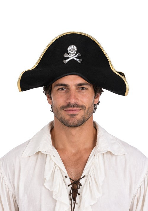 Adult Black Pirate Costume Felt Hat with Gold Trim - US 3596