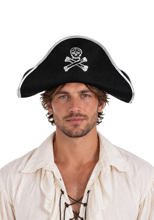 Adult Black Pirate Costume Hat with Silver Trim - US 6532