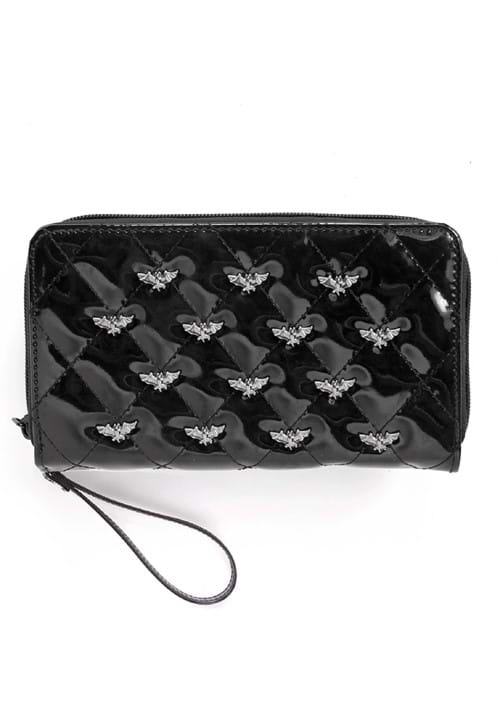 Bat Studded Quilted Faux Patent Zip-Around Black Wallet - US 6023