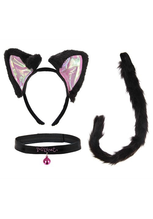 Cat Ears Headband Collar & Tail Kit Black & Pink - US 6237