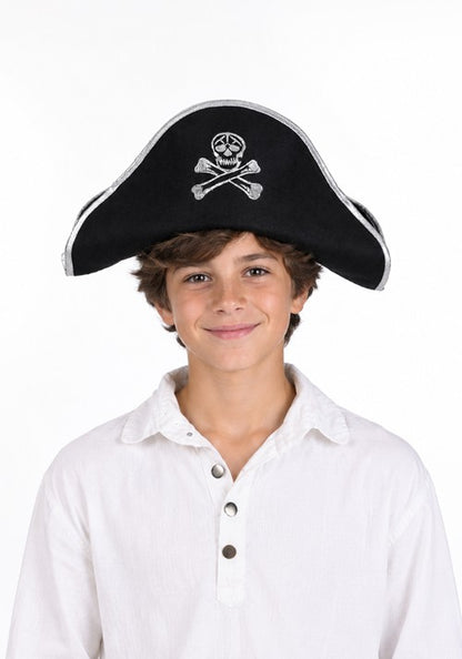 Child Black Pirate Costume Felt Hat with Silver Trim - US 7793