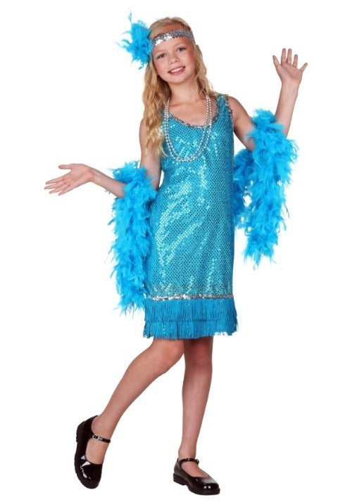 Turquoise Sequin and Fringe Flapper Costume for Girls - US 0400