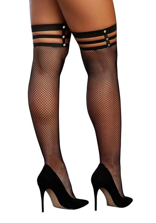 Women's Black Fishnet Thigh High Stockings with Studded Straps - US 3618