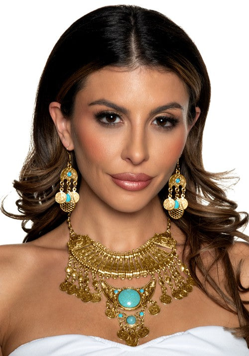 Women's Gold Egyptian Necklace and Earring Costume Set - US 9467