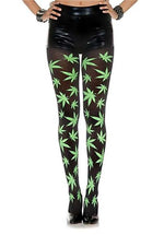 Women's Leaf Print Green Opaque Tights - US 5373