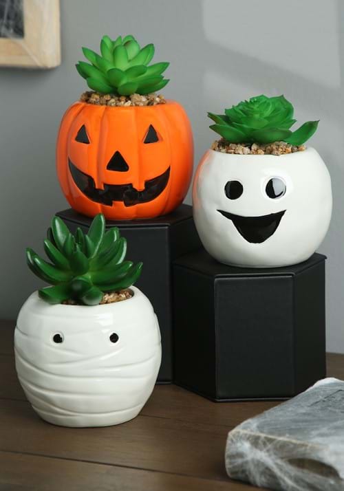 Halloween Pumpkin, Ghost, and Mummy Succulent Planter Decorative Set - US 8012