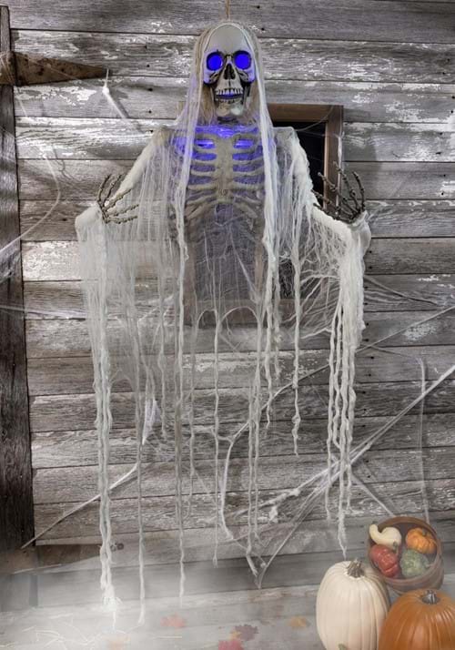 Haunted Hanging Skeleton with Light Up Blue Eyes Halloween Decoration - US 3853