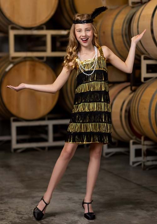 Kid's Gold and Black Fringe Flapper Costume - US 5860