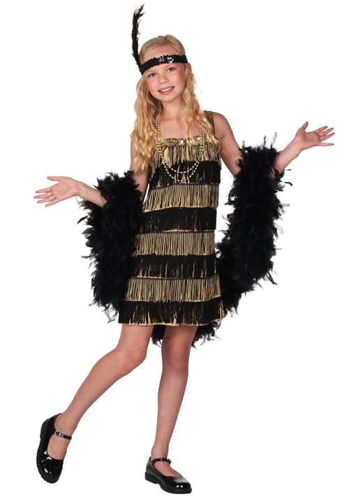 Kid's Gold and Black Fringe Flapper Costume - US 5860