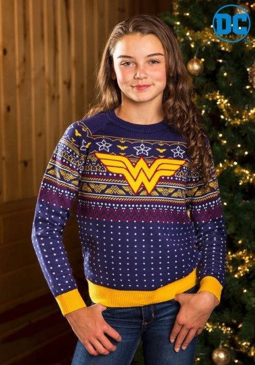 Kids Wonder Woman Navy Ugly Christmas Sweater - US 6465