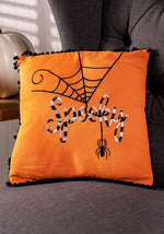 12-Inch Orange Halloween Pillow with Black and White Embroidery Decoration - US 7909