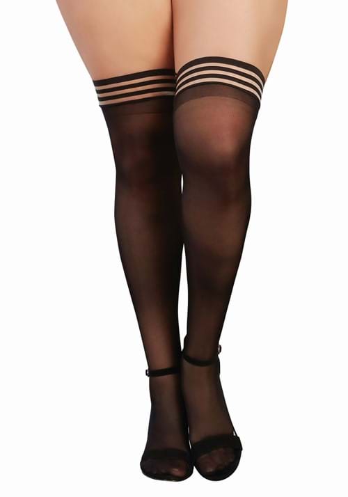 Women's Plus Size Black Sheer Thigh High Stockings with Striped Elastic Top Band - US 5206