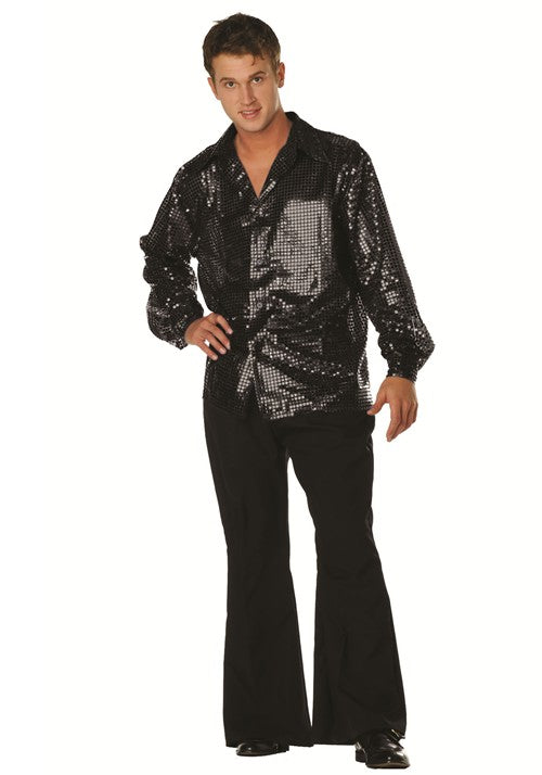 Plus Size 70's Disco Inferno Black Sequin Costume Shirt for Men - US 1778