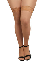 Plus Size Beige Thigh High Fishnet Stockings with Lace Top for Women - US 4198
