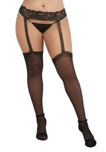 Plus Size Sheer Black Thigh High Stockings with Garter Belt and Comfort Lace Tops - US 1998