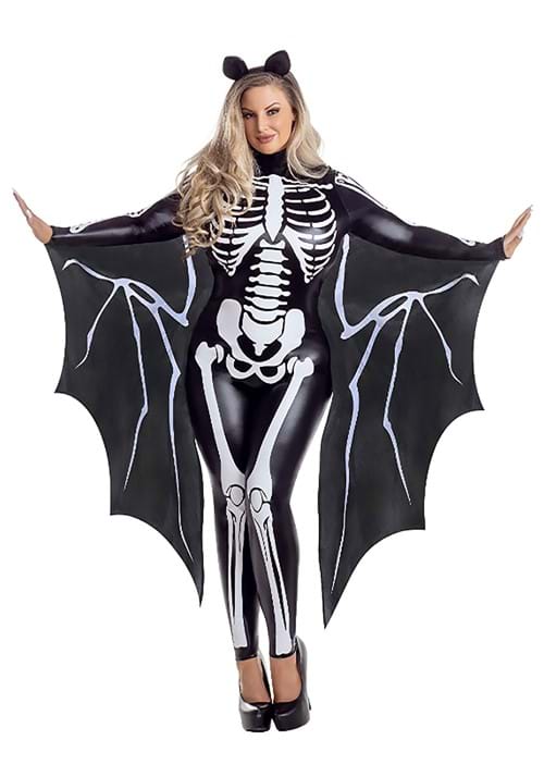 Plus Size Sexy Skeleton Bat Jumpsuit Women's Costume with Attached Wings - US 7861