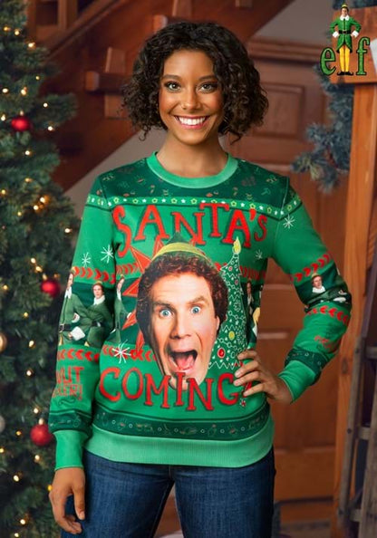 Santa's Coming Elf Adult Ugly Christmas Sweatshirt - US 6619