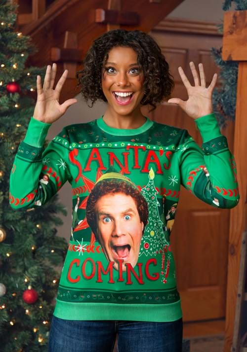 Santa's Coming Elf Adult Ugly Christmas Sweatshirt - US 6619