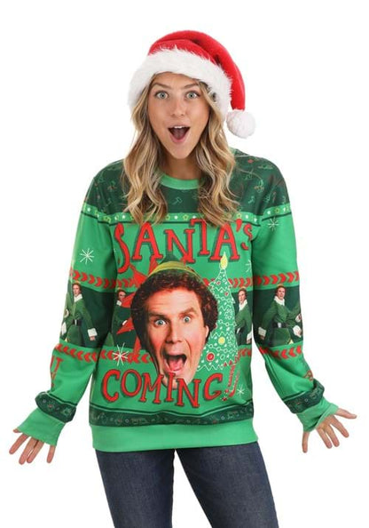 Santa's Coming Elf Adult Ugly Christmas Sweatshirt - US 6619